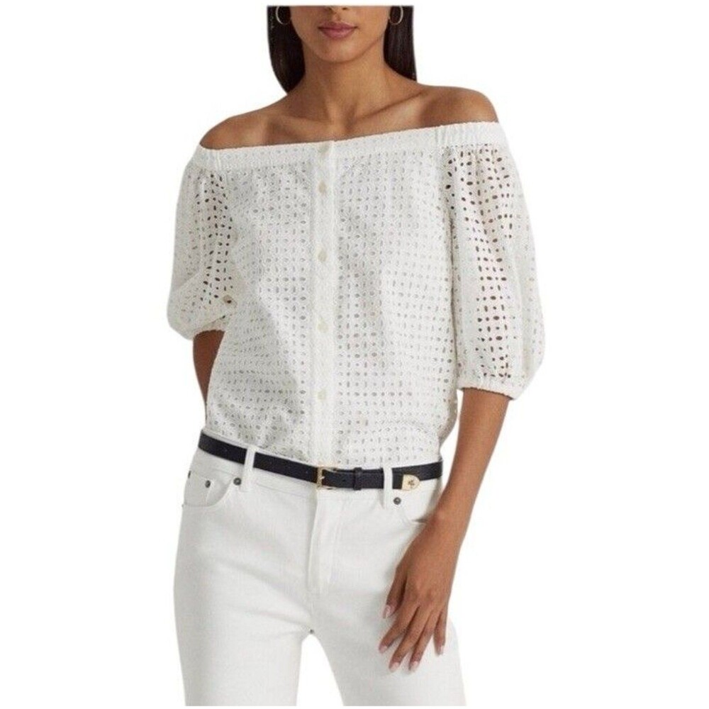 Lauren Ralph Lauren Woman Black Label Top 2X White Eyelet Off Shoulder S/S NWT